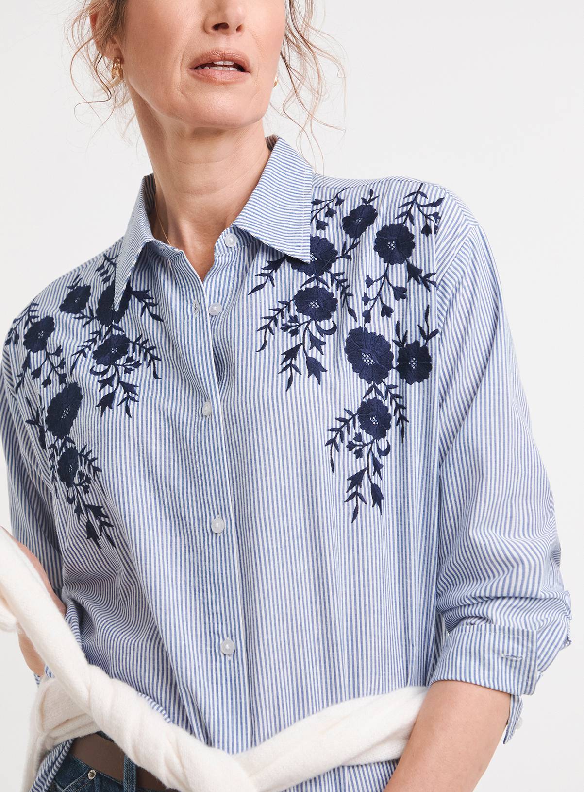 JD WILLIAMS Embroidered Blue Stripe Relaxed Shirt 20 - Image 4